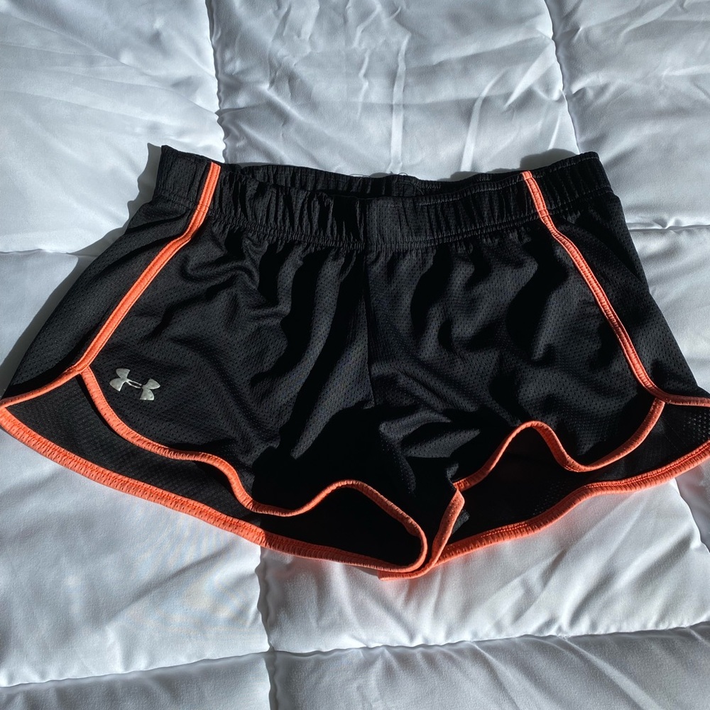 black/orange under-armour shorts